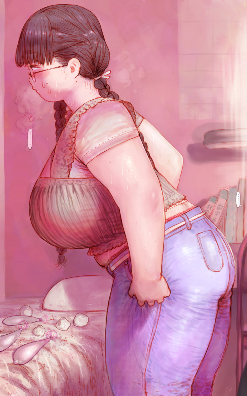 1girl bed breasts condom cum female_focus heavy_breathing highres huge_breasts indoors long_hair midriff mole mole_on_arm pants pillow pinku plump profile shirt solo standing steam sweat thick_thighs thighs twintails used_condom
