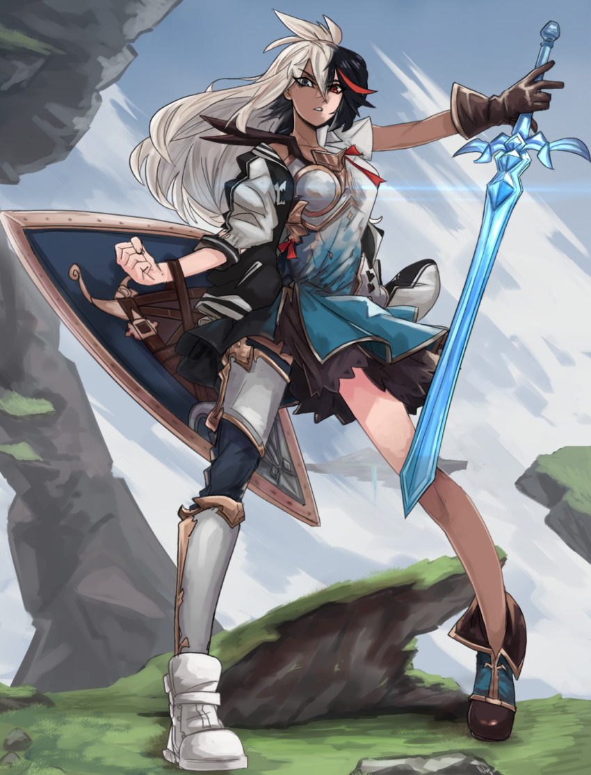 1girl arm_shield armor black_hair black_skirt blue_dress blue_eyes boobplate boots breastplate brown_boots brown_gloves clenched_hand commentary dress english_commentary gloves granblue_fantasy grey_hair heterochromia highres holding holding_sword holding_weapon kamuify kill_la_kill koshimizu_ami long_hair matoi_ryuuko multicolored_hair red_eyes red_hair shoes single_glove single_thighhigh skirt sneakers solo streaked_hair sword thighhighs transformation voice_actor_connection weapon white_shoes zooey_(granblue_fantasy)