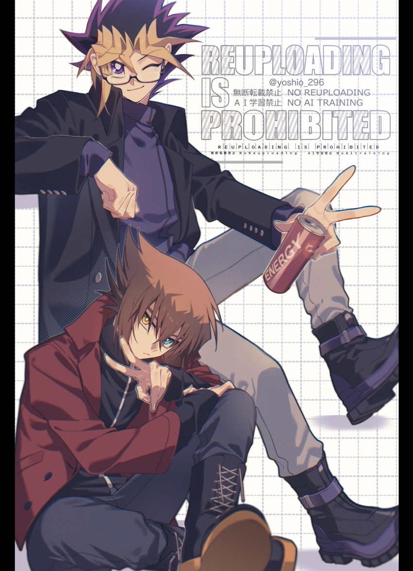 2boys alternate_costume black_boots black_hair black_jacket black_shirt blonde_hair boots brown_hair glasses green_eyes heterochromia highres in-franchise_crossover invisible_chair jacket male_focus medium_hair multicolored_hair multiple_boys one_eye_closed orange_eyes purple_eyes purple_hair red_jacket semi-rimless_eyewear shirt simple_background sitting spiked_hair under-rim_eyewear watermark white_background yoshio_296 yu-gi-oh! yu-gi-oh!_duel_monsters yu-gi-oh!_gx