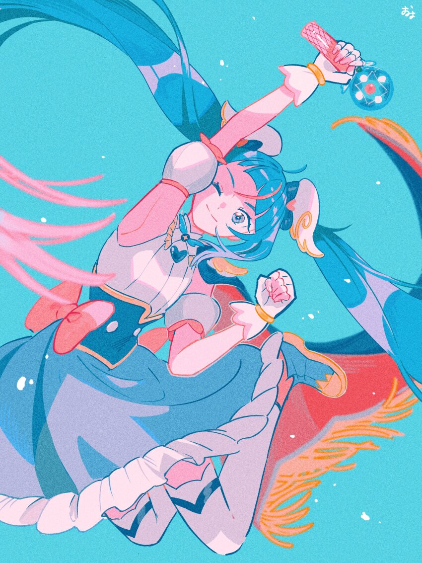 1girl arm_up armpits bare_shoulders blue_background blue_bow blue_brooch blue_cape blue_corset blue_eyes blue_hair blue_skirt blunt_bangs bow bow_skirt bracelet brooch cape clenched_hand closed_mouth collared_shirt corset cure_sky detached_sleeves dot_nose eyelashes fingerless_gloves floating_hair frilled_skirt frilled_sleeves frills fringe_trim full_body gloves gold_bracelet gradient_hair hair_bow hair_ornament happy heart heart_brooch heart_hair_ornament high_collar highres hirogaru_sky!_precure holding holding_microphone jewelry jumping leaning_to_the_side light_particles long_hair looking_at_viewer microphone miniskirt multicolored_hair omyo_(myomyomyo22) one_eye_closed pink_bow pink_hair pleated_skirt precure puffy_short_sleeves puffy_sleeves red_cape shirt short_sleeves sidelocks signature simple_background skirt smile solo sora_harewataru streaked_hair thighhighs two-sided_cape two-sided_fabric two-tone_hair very_long_hair white_gloves white_shirt white_sleeves white_thighhighs wing_hair_ornament
