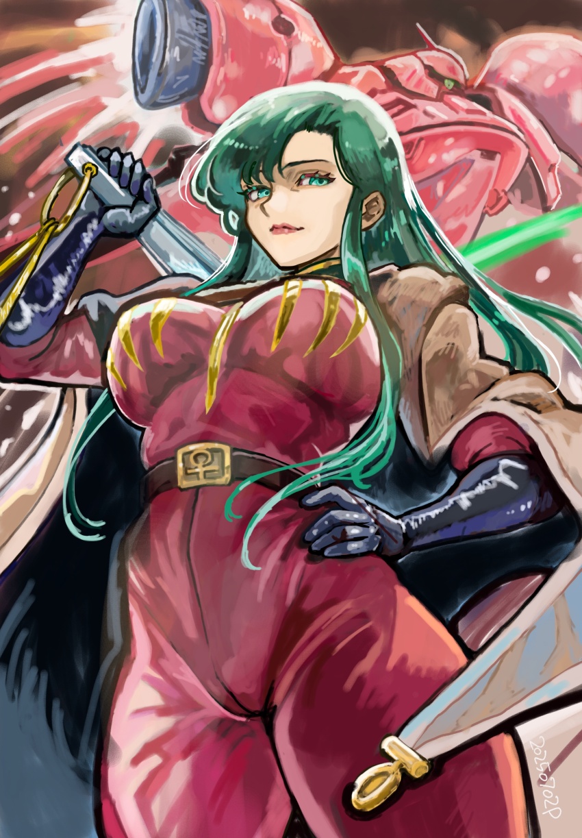 1girl absurdres belt black_belt black_cape black_gloves bodysuit breasts cape cima_garahau commentary dated elbow_gloves gerbera_tetra gloves green_eyes green_hair gundam gundam_0083 highres looking_at_viewer mecha mobile_suit okrdisk2000 one-eyed red_bodysuit robot rubber_gloves science_fiction smile solo symbol-only_commentary