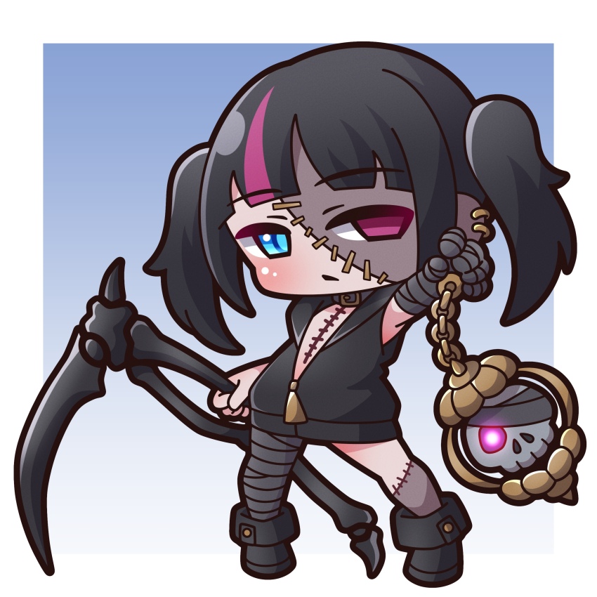 1girl absurdres bandage_over_one_eye bandaged_arm bandaged_hand bandaged_leg bandages black_boots black_collar black_hair black_jacket blue_background blue_eyes bone_weapon boots chibi collar commentary_request full_body gemini_(zodiac) gradient_background heterochromia highres holding holding_scythe hood hood_down hooded_jacket jacket multicolored_hair original patchwork_skin personification purple_eyes purple_hair saishosaisekojo scythe skull sleeveless sleeveless_jacket solo standing stitches streaked_hair twintails zodiac