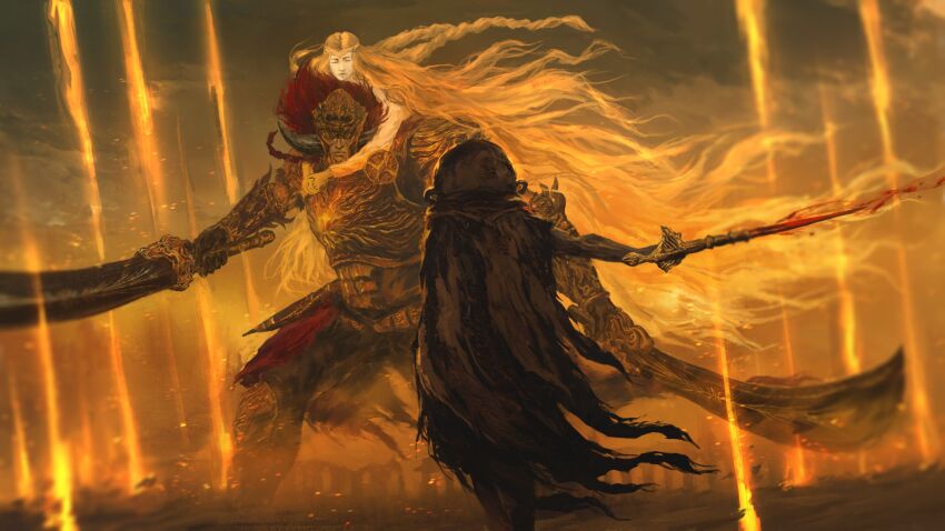3boys absurdres armor battle blonde_hair braid brothers carrying circlet cloak closed_eyes commentary dual_wielding elden_ring elden_ring:_shadow_of_the_erdtree english_commentary fake_horns fighting_stance gold_armor gold_circlet gold_helmet half-siblings head_grab helmet highres holding holding_sword holding_weapon horned_helmet horns let_me_solo_her light_rays long_hair miquella_(elden_ring) multiple_boys piggyback pot_on_head promised_consort_radahn red_hair shimhaq shoulder_armor siblings sleeveless_tunic starscourge_greatsword sword tarnished_(elden_ring) tunic twin_blades very_long_hair wavy_hair weapon white_tunic yellow_eyes