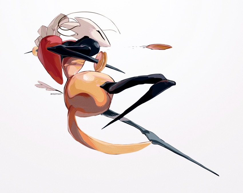 1girl arthropod_girl artist_name bag bracelet chinese_commentary commentary_request film_grain from_behind from_below full_body gold_bracelet grey_background halftone highres hightguy hollow_knight hollow_knight:_silksong horned_mask jewelry looking_ahead mask red_bag rolled_up_paper shakra_(hollow_knight) simple_background solo standing standing_on_one_leg white_mask