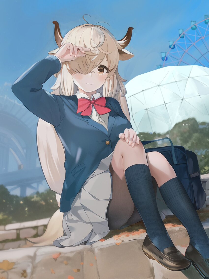 1girl bag blue_jacket blue_socks blush bow bowtie brown_shoes center_frills collared_shirt frills grey_skirt hair_over_one_eye highres ieinu_account jacket kemono_friends kemono_friends_3 kemono_friends_pavilion loafers long_hair long_sleeves looking_at_viewer official_alternate_costume orange_eyes ox_ears ox_girl ox_horns ox_tail pleated_skirt red_bow red_bowtie school_bag school_uniform shirt shoes sitting skirt socks solo white_hair white_shirt yak_(kemono_friends)