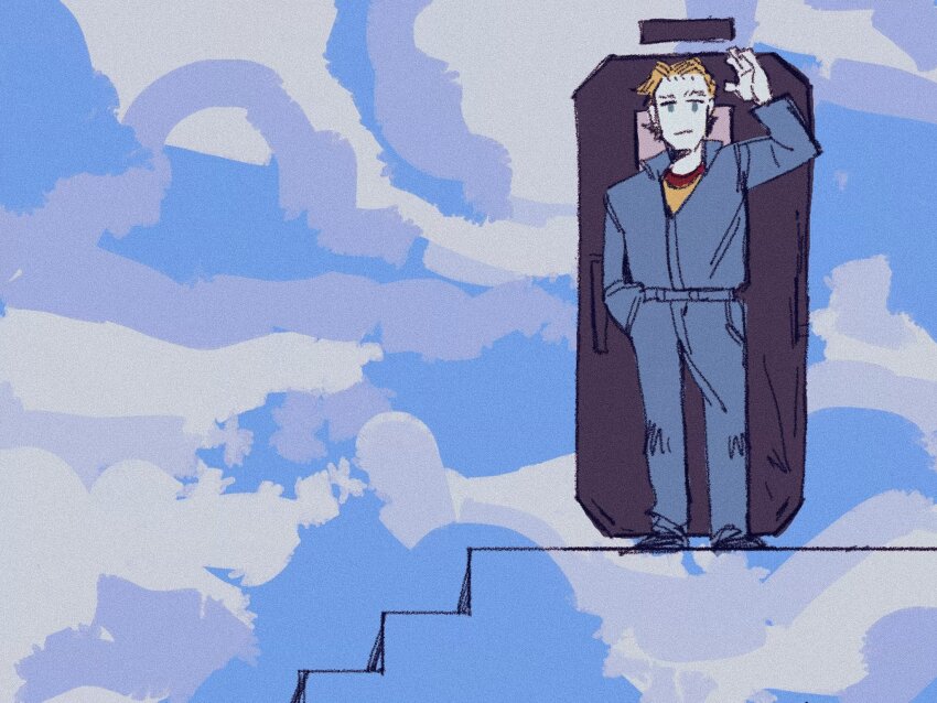 1boy blonde_hair blue_eyes blue_jumpsuit blue_sky blue_theme closed_mouth curly_(mouthwashing) curly_(pre-crash)_(mouthwashing) door hand_up highres hokanko1729 jumpsuit long_sleeves male_focus mouthwashing parody scene_reference shirt sketch sky sky_print solo stairs standing surreal the_truman_show yellow_shirt