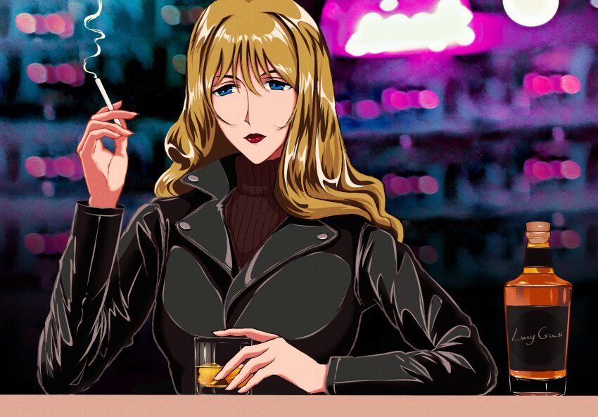 absurdres alcohol blonde_hair blue_eyes cigarette coat cowboy_bebop curly_hair highres julia_(cowboy_bebop) lucyguusi sweater trench_coat turtleneck turtleneck_sweater
