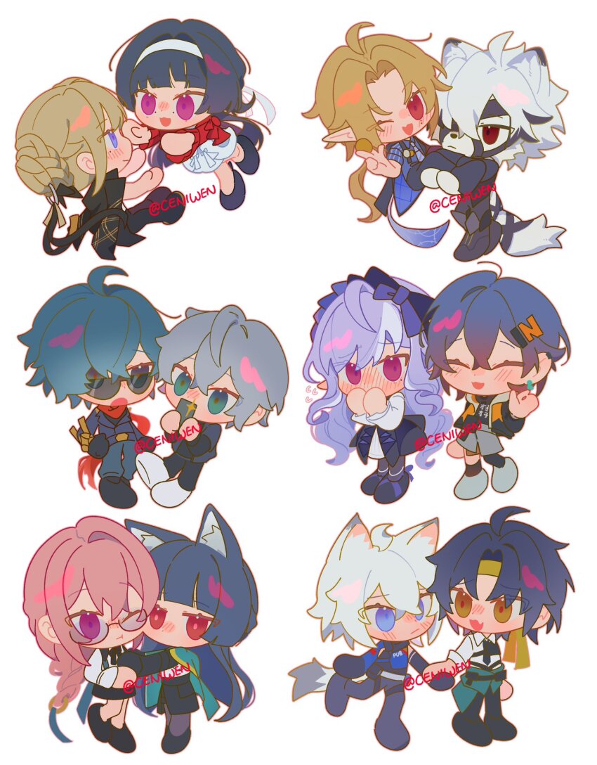 6+boys 6+girls asaba_harumasa astra_yao belle_(zenless_zone_zero) black_hair blonde_hair blue_eyes blue_hair blunt_bangs blush ceniwen chibi closed_eyes commentary couple english_commentary evelyn_chevalier full_body glasses green_eyes green_hair grey_hair hair_between_eyes hetero highres holding_hands hoshimi_miyabi hugo_vlad lighter_(zenless_zone_zero) multiple_boys multiple_girls one_eye_closed pink_eyes pink_hair purple_eyes red_eyes seth_lowell short_hair sidelocks simple_background smile tsukishiro_yanagi vivian_banshee von_lycaon white_background white_hair wise_(zenless_zone_zero) yellow_eyes yuri zenless_zone_zero