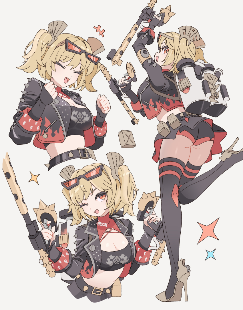 1girl absurdres ass belt black_belt black_jacket black_shorts black_skirt blonde_hair breasts burnice_white cleavage closed_eyes cowboy_shot crop_top eyewear_on_head flamethrower full_body hair_between_eyes high-waist_skirt highres holding holding_flamethrower holding_weapon jacket large_breasts long_hair midriff multiple_views one_eye_closed open_mouth origami_gyokuo red-tinted_eyewear red_eyes shorts shorts_under_skirt sidelocks simple_background skirt sparkle spiked_belt sunglasses tinted_eyewear upper_body weapon zenless_zone_zero