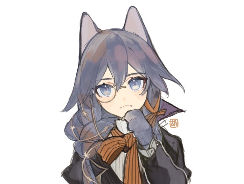 1girl :3 animal_ears animal_hands black_hair black_jacket blue_eyes braid braided_ponytail cat_ears cat_girl closed_mouth fang fu_hua gloves hair_between_eyes honkai_(series) honkai_impact_3rd jacket long_hair long_sleeves looking_at_viewer mogomaco monocle orange_neckwear paw_gloves scarf simple_background solo white_background