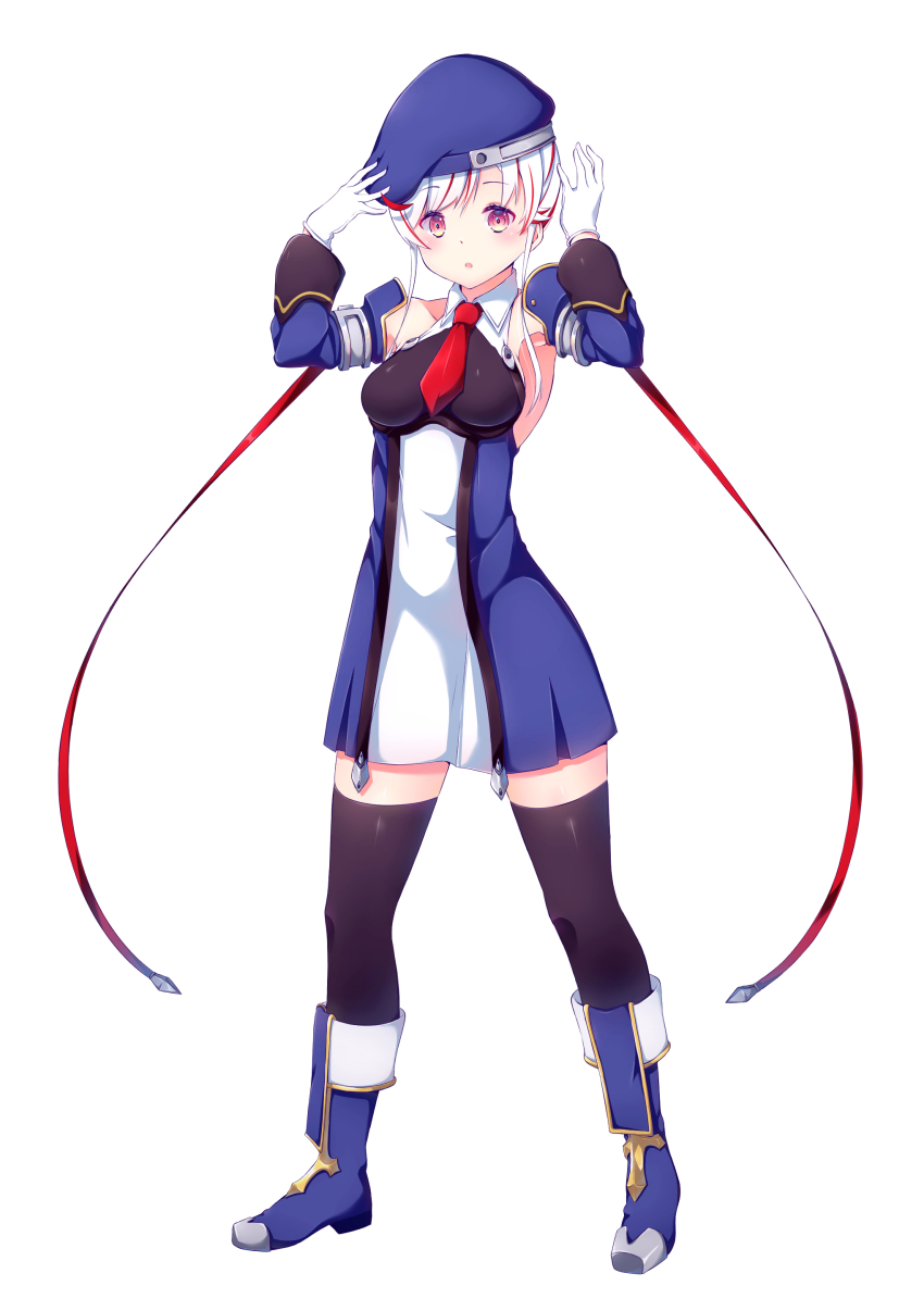 1girl absurdres black_thighhighs blazblue blue_footwear blue_headwear blue_sleeves brown_eyes collarbone cosplay detached_sleeves dress full_body gloves highres long_sleeves looking_at_viewer multicolored_hair necktie noel_vermillion noel_vermillion_(cosplay) open_mouth original red_hair red_necktie short_dress short_hair_with_long_locks short_necktie sidelocks simple_background sleeveless sleeveless_dress solo thighhighs two-tone_hair wakkuchin20 white_background white_gloves white_hair wing_collar zettai_ryouiki