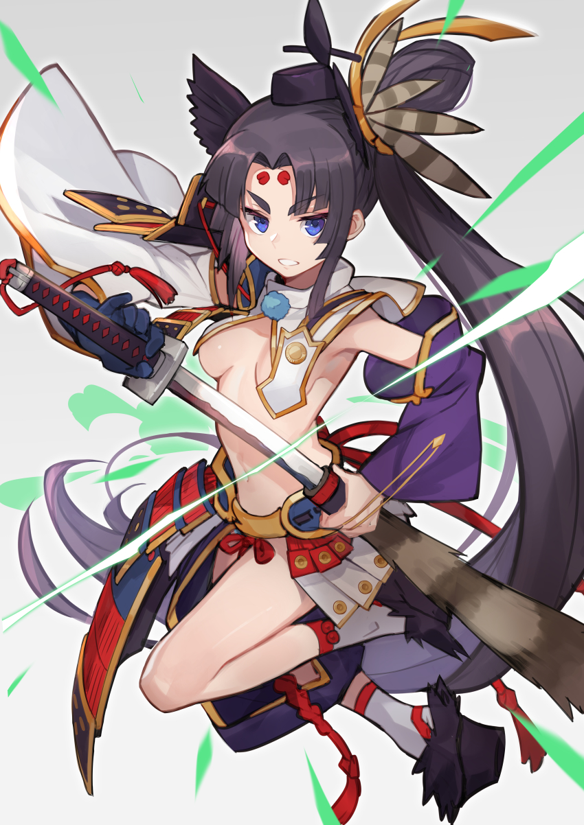 1girl absurdres asymmetrical_sleeves black_hair blue_eyes breasts detached_sleeves drawing_sword fate/grand_order fate_(series) hair_bun hat highres holding holding_sword holding_weapon katana long_hair navel platform_footwear revealing_clothes sheath side_ponytail single_hair_bun sword uedrk_yamato ushiwakamaru_(fate) weapon