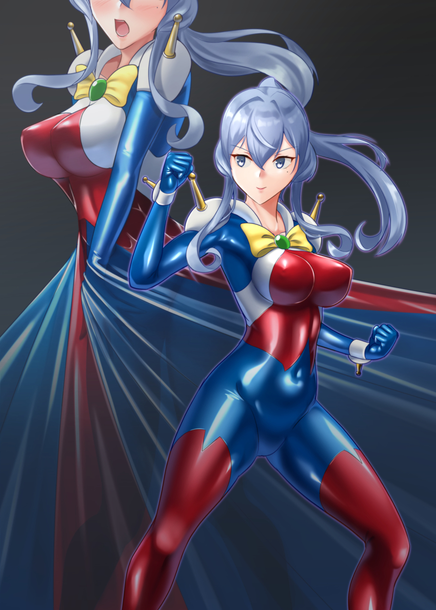 1girl allenby_beardsley allenby_beardsley_(cosplay) blue_bodysuit blue_eyes blue_hair bodysuit breasts closed_eyes cosplay covered_erect_nipples covered_navel g_gundam gotland_(kancolle) gundam highres kantai_collection large_breasts looking_at_viewer mecha_pilot_suit mobile_trace_suit multicolored_bodysuit open_mouth pilot_suit red_bodysuit shiny_clothes skin_tight solo wata_nuki zoom_layer