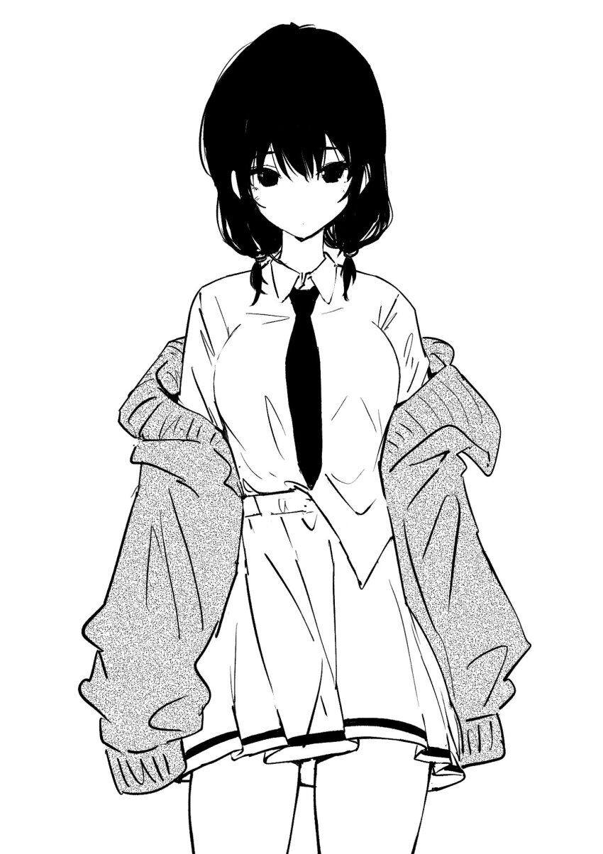 1girl breasts cardigan cardigan_partially_removed closed_mouth collared_shirt cowboy_shot dot_mouth expressionless greyscale highres kajino_(aosansai) looking_at_viewer low_twintails medium_breasts medium_hair miniskirt monochrome necktie off_shoulder open_cardigan open_clothes pleated_skirt school_uniform shirt shirt_partially_tucked_in simple_background skirt solo standing tamura_yuri twintails watashi_ga_motenai_no_wa_dou_kangaetemo_omaera_ga_warui! white_background