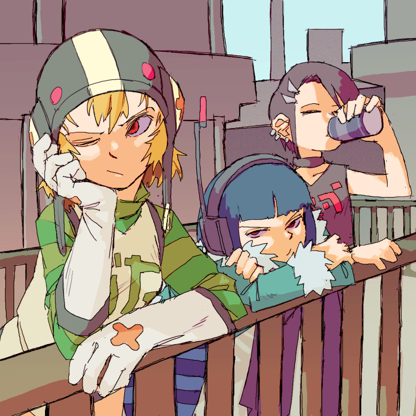 3girls absurdres arm_support bis_(jsr) black_choker black_hair blonde_hair blue_hair can choker cityscape closed_eyes coat cube_(jsr) day drinking ear_piercing elbow_gloves fence fur-trimmed_coat fur_trim gloves gum_(jsr) headset helmet highres holding holding_can jet_set_radio leaning_on_object looking_at_viewer multiple_girls one_eye_closed outdoors pantsu-ripper piercing red_eyes short_hair white_gloves y2k_fashion