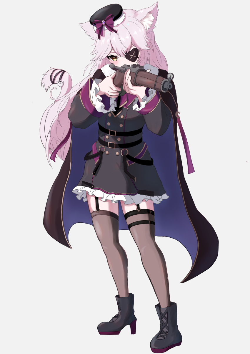 1girl absurdres animal_ear_fluff animal_ears beret black_coat black_dress black_garter_straps black_hat black_ribbon black_shoes black_thighhighs blush cat_ears cat_girl cat_tail coat dress eyepatch frilled_dress frills garter_straps gun hat highres holding holding_gun holding_weapon indie_virtual_youtuber long_hair looking_at_viewer meibin nyatasha_nyanners nyatasha_nyanners_(commander_cat) pink_hair ribbon shoes solo tail tail_ornament tail_ribbon thighhighs virtual_youtuber weapon white_background yellow_eyes