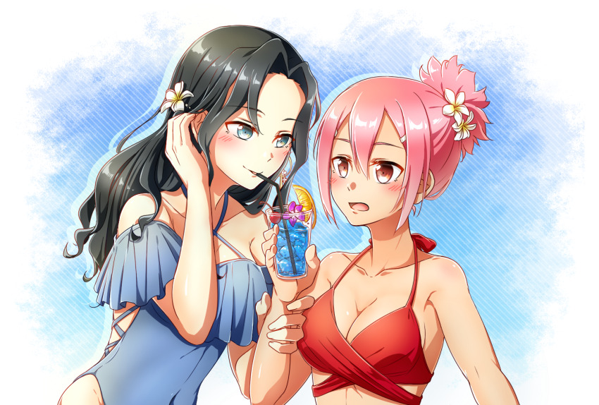 2girls adjusting_hair akamine_yuuna bare_arms bikini black_hair blue_eyes blue_one-piece_swimsuit breasts cleavage cocktail collarbone covered_navel criss-cross_halter drinking_straw eda_udon eye_contact flower hair_between_eyes hair_flower hair_ornament halterneck long_hair looking_at_another medium_breasts miroku_renge multiple_girls one-piece_swimsuit open_mouth pink_hair red_bikini red_eyes swimsuit very_long_hair white_flower yuri yuuki_yuuna_wa_yuusha_de_aru yuusha_de_aru