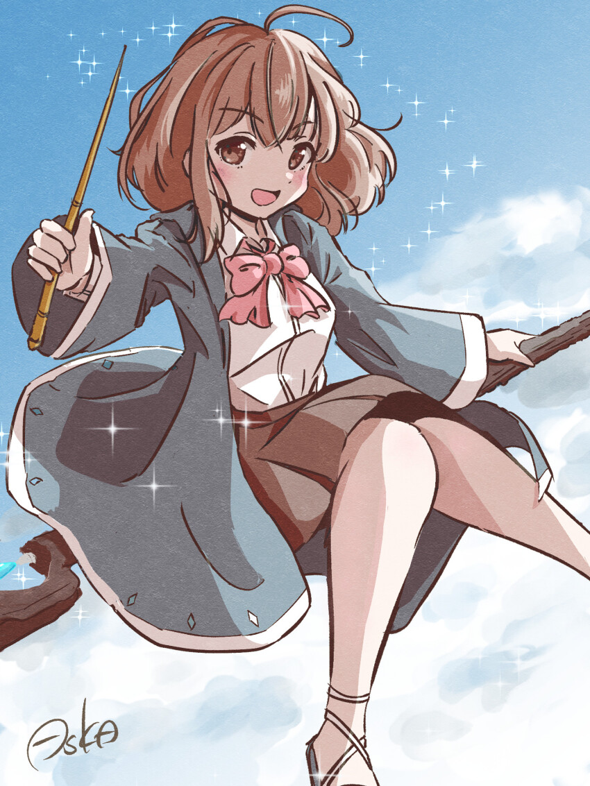 1girl asuka_(pixiv82529874) blue_coat blue_sky blush bow bowtie breasts brown_eyes brown_hair brown_skirt cloud coat commentary_request flying highres holding holding_wand light_particles looking_at_viewer magical_girl medium_hair open_mouth original pink_bow pink_bowtie sandals shirt signature skirt sky small_breasts solo staff_riding wand white_shirt wizard