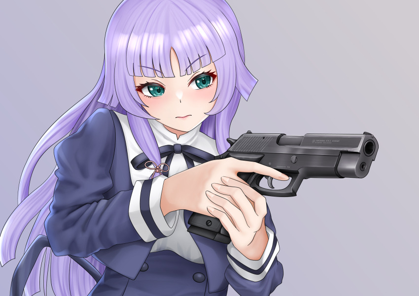 1girl aqua_eyes assault_lily banshouya_ena black_ribbon black_skirt blunt_bangs blunt_ends buttons closed_mouth commentary_request cropped_jacket fingernails grey_background gun handgun hands_up high-waist_skirt highres holding holding_gun holding_weapon imai_tomohiro juliet_sleeves long_hair long_sleeves looking_ahead low-tied_sidelocks neck_ribbon puffy_sleeves purple_hair ribbon school_uniform sidelocks sig_p220/p226 simple_background skirt solo two-handed upper_body v-shaped_eyebrows weapon yurigaoka_girls_academy_school_uniform