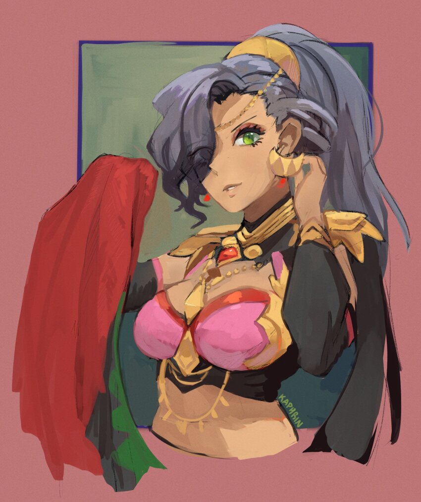 1girl absurdres blue_eyes blue_hair breasts cape circlet cloak crescent crescent_earrings dancer dark-skinned_female dark_skin earrings fire_emblem fire_emblem:_fortune&#039;s_weave gold_choker gold_earrings harem_outfit high_ponytail highres jewelry kaphrin large_breasts leda_(fire_emblem) long_sleeves looking_at_viewer nintendo parted_lips ponytail smile solo upper_body
