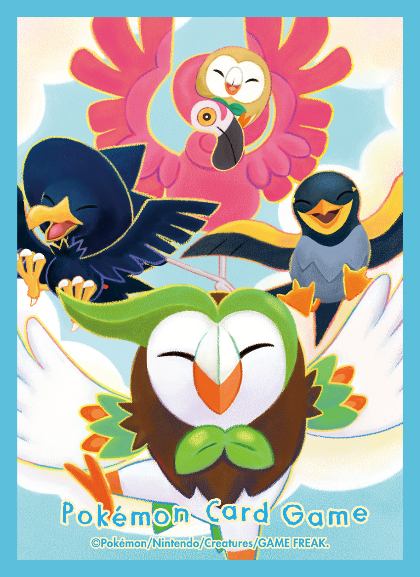 absurdres animal_focus bird border closed_eyes commentary_request dartrix facing_viewer flamigo gen_2_pokemon gen_7_pokemon highres murkrow nintendo no_humans official_art open_mouth pokemon pokemon_(creature) pokemon_focus pokemon_tcg rowlet smile tongue wattrel