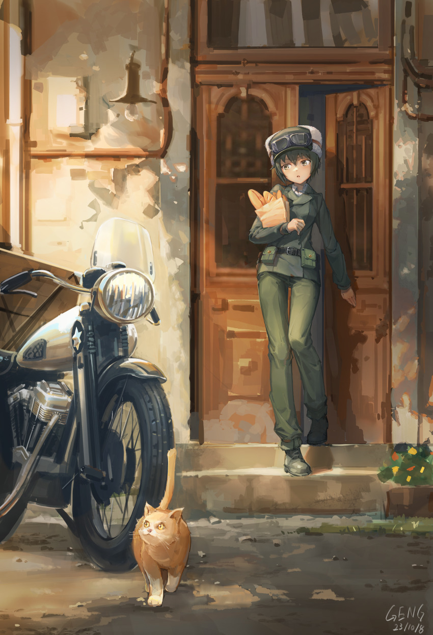 1girl 1other absurdres bag bread brown_eyes cat food full_body goggles goggles_on_head green_jacket green_pants grey_hair gun hat hermes_(kino_no_tabi) highres holding holding_bag holster jacket kino_(kino_no_tabi) kino_no_tabi long_sleeves motor_vehicle open_mouth outdoors pants shoes short_hair solo stalin_(artist) standing weapon