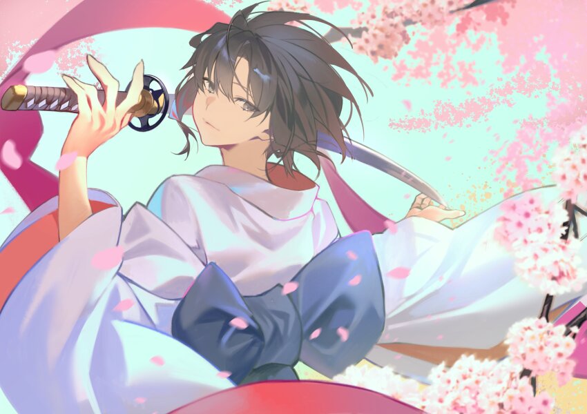 1girl absurdres blue_sash blue_sky brown_eyes brown_hair cherry_blossoms cherry_tree commentary_request day falling_petals from_behind hand_on_hilt highres hiro_(hirohiro_gorira) holding holding_sword holding_weapon japanese_clothes kara_no_kyoukai katana kimono long_sleeves looking_at_viewer looking_back medium_hair outdoors petals red_kimono revision ryougi_shiki sash sky solo sword two-tone_kimono upper_body void_shiki weapon white_kimono wide_sleeves