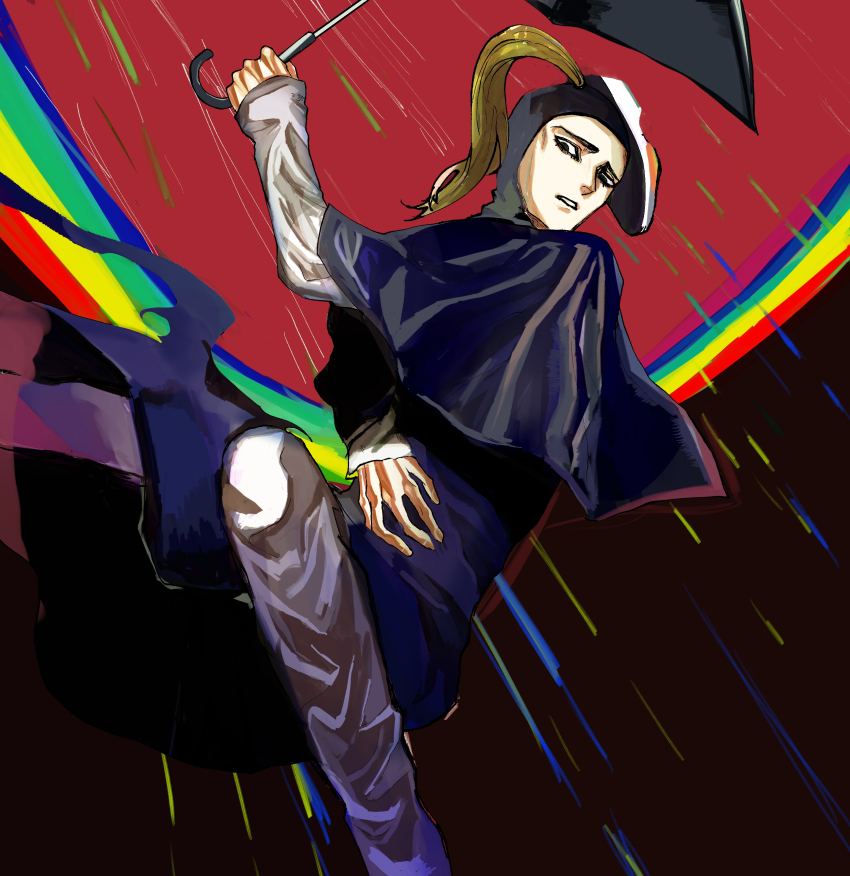 1boy absurdres black_capelet black_coat black_eyes black_umbrella blackmore blonde_hair capelet catch_the_rainbow coat commentary_request grey_pants high_ponytail highres holding holding_umbrella hood hood_up jojo_no_kimyou_na_bouken long_hair long_sleeves male_focus mask mask_on_head pants ponytail rainbow solo stand_(jojo) steel_ball_run umbrella white_mask yuutairidatu