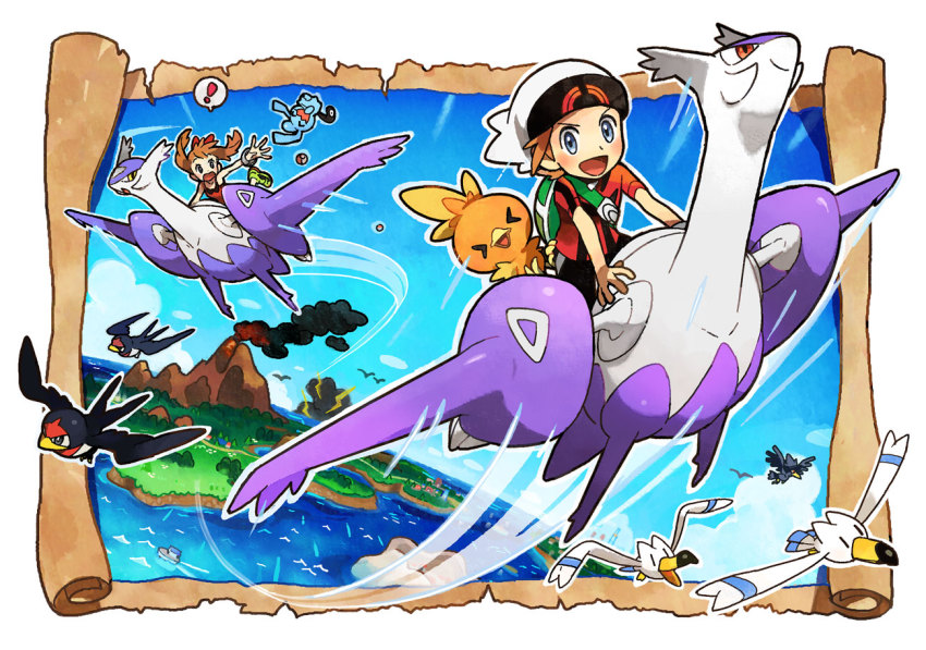 10s 1boy 1girl cloud flying gen_2_pokemon gen_3_pokemon latias latios legendary_pokemon mega_latias mega_latios mega_pokemon monster murkrow nintendo ocean official_art poke_ball pokemon pokemon_(creature) pokemon_oras sky smile taillow torchic volcano water wingull wynaut