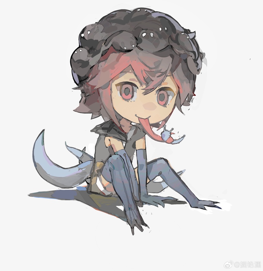 1other absurdres androgynous animal_hat azuma_kaisen black_hat black_shirt blue_gloves blue_thighhighs brown_shorts chibi chinese_commentary collared_shirt commentary_request corallo elbow_gloves gloves hands_on_ground hat highres knees_up len&#039;en long_tongue looking_at_viewer multiple_tails other_focus prehensile_tongue red_eyes red_hair shadow shirt short_hair shorts simple_background sitting sleeveless sleeveless_shirt slug smile solo tadpole_hat tadpole_tail tail thighhighs tongue watermark webbed_feet weibo_watermark white_background