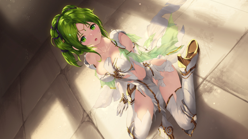 1girl arm_between_breasts armor between_breasts blush boots breasts broken_armor cait_aron collarbone dress dutch_angle fire_emblem fire_emblem:_the_sacred_stones forehead_jewel gloves green_eyes green_hair hand_on_own_chest high_heel_boots high_heels highres indoors l&#039;arachel_(fire_emblem) large_breasts long_hair looking_at_viewer nintendo ponytail shoulder_armor sitting solo sunlight thigh_boots torn_boots torn_clothes torn_dress torn_gloves v-shaped_eyebrows wariza white_dress white_gloves
