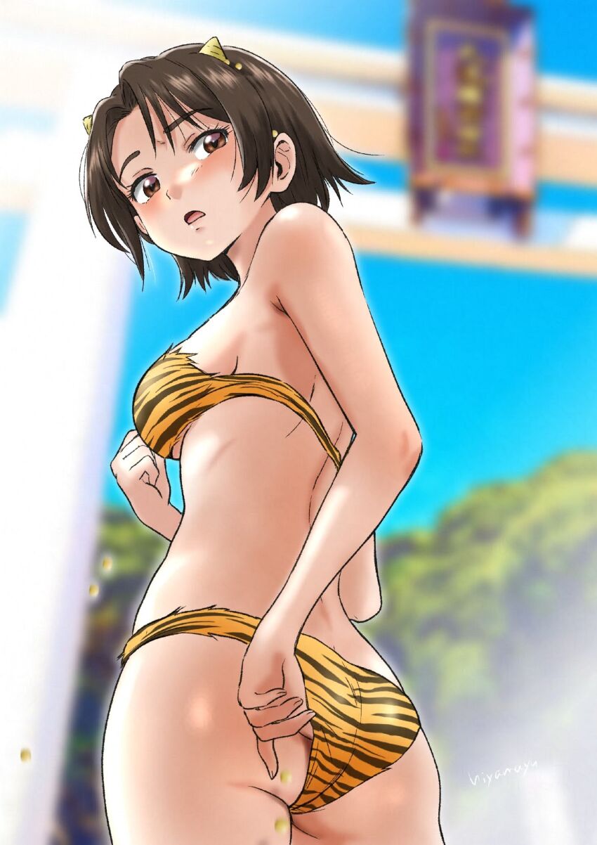 1girl adjusting_buruma adjusting_clothes ass bikini blush breasts brown_eyes brown_hair buruma butt_crack cosplay fake_horns girls_und_panzer hiyama_yuu_(wee259hiyama) horns large_breasts looking_down lum_(cosplay) open_mouth sawa_azusa solo striped_bikini striped_buruma striped_clothes swimsuit tiger_stripes urusei_yatsura
