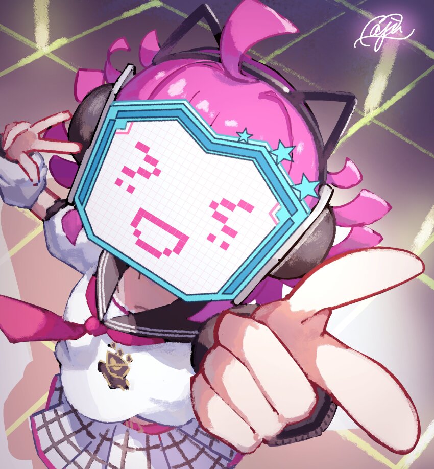 1girl absurdres ahoge animal_ear_headphones animal_ears black_sailor_collar blunt_ends cat_ear_headphones cat_ears commentary dokipipo_emotion facing_viewer fake_animal_ears finger_gun foreshortening from_above hashtag-only_commentary headphones highres love_live! love_live!_nijigasaki_high_school_idol_club maju_(maju_magical) mask neckerchief official_alternate_costume pink_hair pink_neckerchief plaid_clothes plaid_skirt pleated_skirt rina-chan_board sailor_collar shirt signature skirt solo tennoji_rina w white_shirt white_skirt