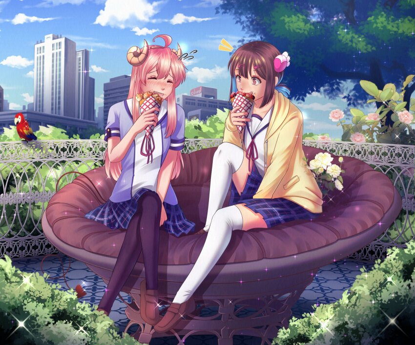 2girls :d absurdres ahoge bare_arms bird black_pantyhose blue_hair blue_sky blush brown_eyes brown_footwear brown_hair bush chiyoda_momo chiyoda_momo_(cosplay) closed_eyes cloud colored_inner_hair commentary commission cosplay crepe crossed_legs curled_horns day demon_tail drawstring eating english_commentary fake_horns fangs fence flower flying_sweatdrops food food_on_face full_body gemelandia hair_between_eyes hair_ornament hairband hairclip highres horns hozuki_momiji jacket long_hair long_sleeves machikado_mazoku mixed-language_commentary multicolored_hair multiple_girls nose_blush onii-chan_wa_oshimai! open_clothes open_jacket open_mouth outdoors oyama_mahiro pantyhose parrot pink_hair plaid_clothes plaid_skirt pleated_skirt ponytail second-party_source shoes short_hair short_ponytail short_sleeves sidelocks sitting skirt sky smile sparkle tail thighhighs tree two-tone_hair white_thighhighs yellow_jacket yoshida_yuuko_(machikado_mazoku) yoshida_yuuko_(machikado_mazoku)_(cosplay) yuri