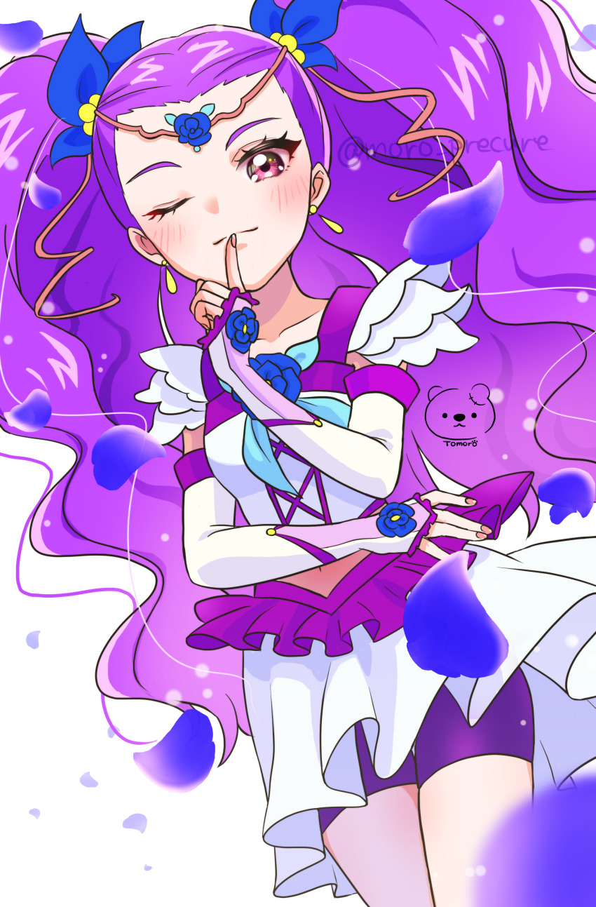 1girl artist_logo artist_name bike_shorts bike_shorts_under_skirt blue_flower blue_neckerchief blue_ribbon blue_rose blush closed_mouth cropped_shirt earrings elbow_gloves fingerless_gloves flower gloves hair_ribbon jewelry logo long_hair magical_girl midriff milky_rose mimino_kurumi moro_precure nail_polish navel neckerchief one_eye_closed petals precure purple_hair purple_shorts red_eyes ribbon rose shorts solo twintails twitter_username two-tone_gloves two-tone_shirt two-tone_skirt very_long_hair yes!_precure_5 yes!_precure_5_gogo!