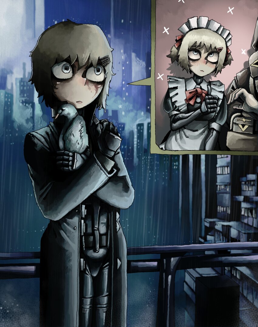 1boy 1girl :&lt; absurdres against_railing alternate_costume alternate_hairstyle animal aqua_eyes awkward bird black_bodysuit black_coat black_eyeshadow blush bodysuit bodysuit_under_clothes bow bowtie breasts building buttons cityscape closed_mouth coat commentary cowboy_shot crossed_arms cyborg embarrassed eyeshadow grey_hair hair_bow hair_ornament hairclip hand_on_own_shoulder hashtag-only_commentary heart_hands_failure highres holding holding_animal holding_bird liskim maid maid_headdress makeup marie_(peripeteia) mechanical_arms medium_breasts multiple_views night nose open_clothes open_coat out_of_frame outdoors peripeteia pigeon pointy_nose railing rain red_bow red_bowtie runny_makeup self_hug short_hair short_twintails skyline skyscraper soldier solo_focus sparkle sparkling_aura speech_bubble spoken_character standing trench_coat triangle_button twintails wet