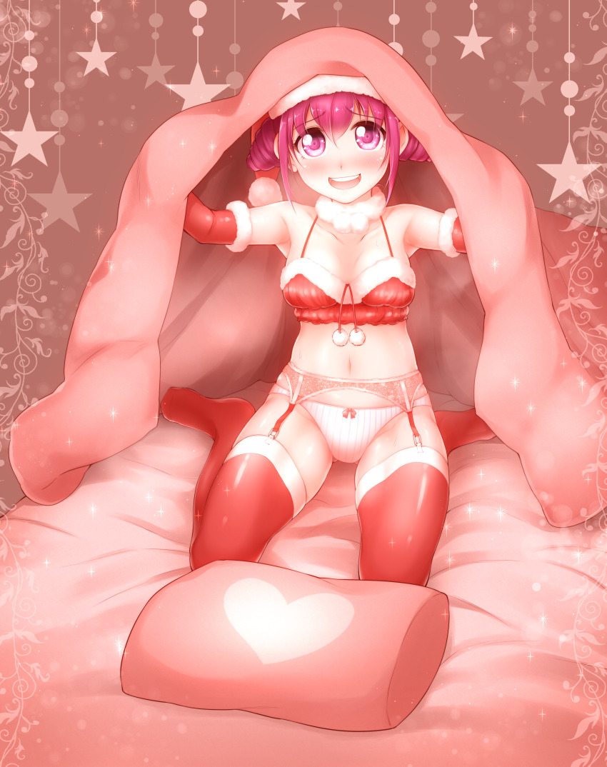 1girl absurdres blush bow bow_panties breasts christmas collarbone covers doinakahero elbow_gloves fluffy_collar garter_belt gloves heart highres hoshizora_miyuki looking_at_viewer medium_breasts navel open_mouth panties pillow pink_eyes pink_hair precure red_gloves red_thighhighs smile_precure! solo teeth thighhighs under_covers underwear upper_teeth_only