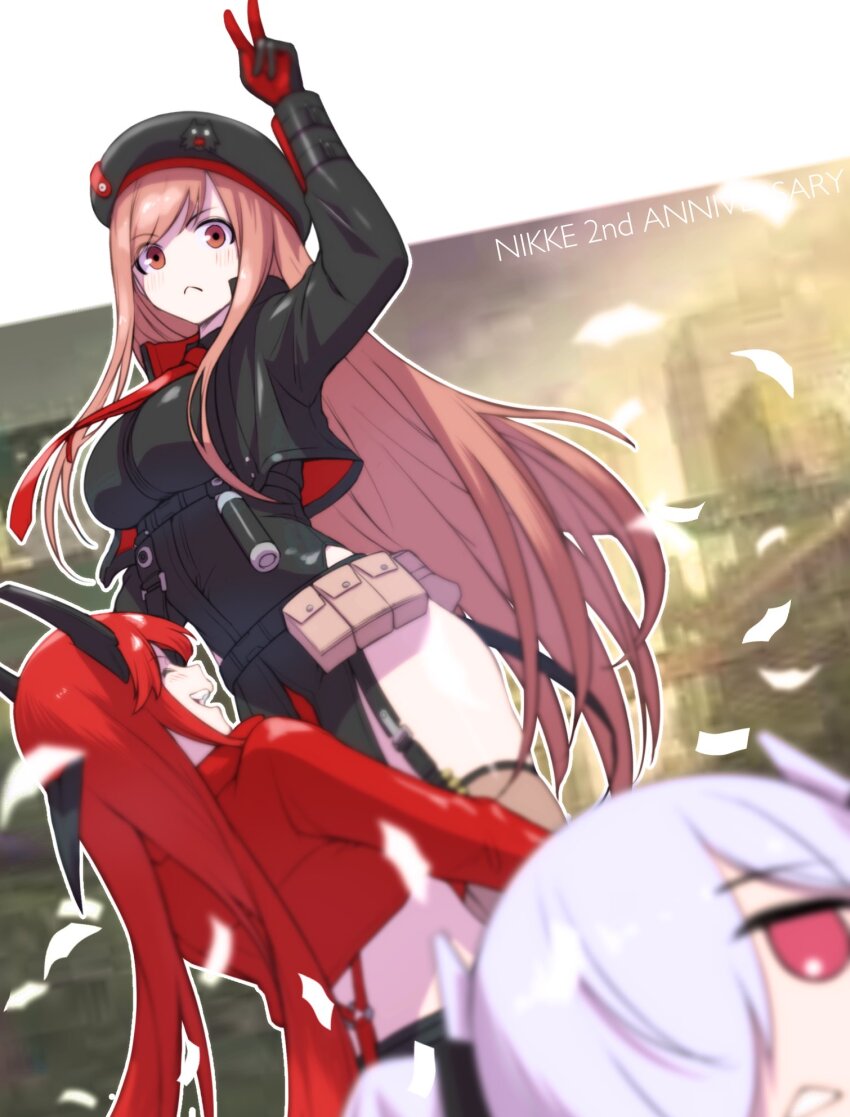 3girls arm_pouch belt_pouch beret black_gloves blush breasts brown_hair carrying carrying_person chibi cinderella_(nikke) collared_leotard cropped_jacket fune_(fune83ojj) gloves goddess_of_victory:_nikke hair_over_one_eye hat highres hip_vent horns jacket large_breasts leather leather_jacket leather_pants lifting_person long_hair long_sleeves looking_at_viewer mechanical_horns multiple_girls necktie open_mouth pants pouch rapi_(nikke) red_eyes red_hair red_hood_(nikke) red_necktie red_scarf scarf sidelocks smile thighhighs triangle_mouth twintails two-tone_gloves v white_hair