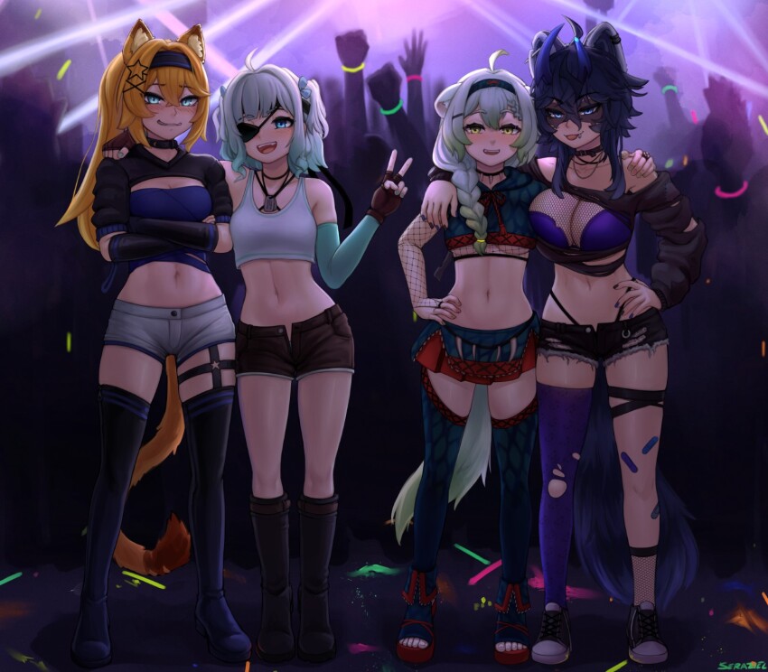 4girls ahoge animal_ears arm_around_shoulder bandages blonde_hair blue_eyes braid breasts cat_ears cat_tail crop_top detached_sleeves dokibird_(vtuber) eyepatch ferret_ears ferret_girl ferret_tail fishnet_sleeves fishnet_top fishnets gloves gradient_hair gradient_tail green_eyes green_hair green_tail highres hood hoodie indie_virtual_youtuber jacket laimu_(vtuber) laimu_(vtuber)_(huntress) large_breasts long_hair medium_breasts metal_gear_(series) metal_gear_solid mint_fantome monster_hunter_(series) multicolored_hair multicolored_tail multiple_girls nightclub nipple_piercing party piercing pubic_hair purple_hair purple_tail raccoon_ears raccoon_girl raccoon_tail seraziel short_shorts shorts single_braid single_thighhigh small_breasts snuffy_(vtuber) snuffy_(vtuber)_(smilfy_2.0) tail thighhighs two-tone_hair two-tone_tail vinesauce virtual_youtuber white_hair white_tail yellow_tail