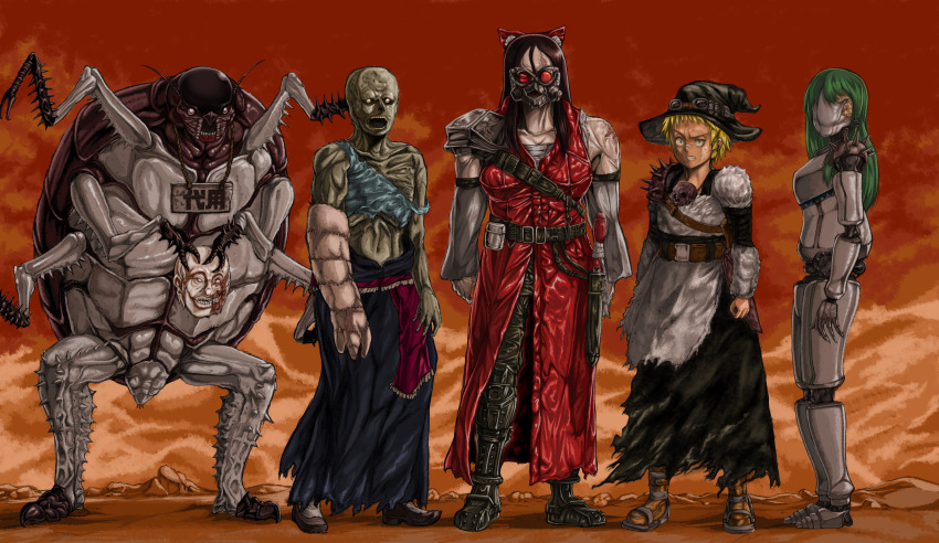 4girls akira_(manga) alice_margatroid android armor bald bald_girl bandaid bandaid_on_face bandaid_on_nose belt big_roach_(cookie) black_dress black_footwear black_headwear black_pants blonde_hair blue_dress blue_eyes boots bow brown_belt brown_hair bug coat cockroach commentary_request cookie_(touhou) detached_sleeves dress faceless faceless_female fallout full_body gas_mask ghoul_(fallout) goggles goggles_on_headwear green_hair hair_bow hakurei_reimu hat highres insect kirisame_marisa kochiya_sanae lemi_(cookie) long_coat long_hair looking_at_viewer mad_max mask multiple_girls open_mouth oversized_insect pants pauldrons post-apocalypse pouch red_bow red_coat short_hair shoulder_armor sidelocks skull socha_(cookie) spiked_pauldrons standing torn_clothes torn_dress touhou tsuno_(nicoseiga11206720) witch_hat yuki_haruka zakuro_ishi