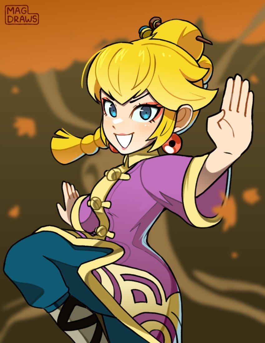 1girl blonde_hair blue_eyes braid braided_ponytail chinese_clothes dress earrings fighting_stance hair_ornament hair_stick highres jewelry kung_fu kung_fu_peach long_hair looking_at_viewer mag_(magdraws) mario_(series) martial_arts nintendo official_alternate_costume official_alternate_hairstyle open_mouth ponytail princess_peach princess_peach:_showtime! smile solo