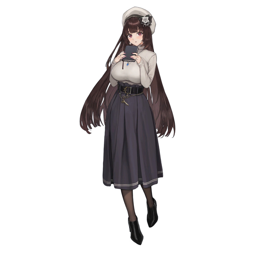 1girl belt belt_buckle beret black_belt black_footwear black_ribbon black_thighhighs blue_gemstone book breasts brown_hair buckle chain earrings flower flower_earrings gem gold_chain grey_sweater hair_flower hair_ornament hair_ribbon hat high_belt high_heels highres holding holding_book huge_breasts impossible_clothes impossible_sweater jewelry last_origin long_hair long_skirt looking_at_viewer multiple_rings nail_polish necklace o-ring official_alternate_costume official_art pearl_hair_ornament purple_eyes purple_nails purple_skirt ribbed_sweater ribbon ring rose scissors scissors_lise simple_background skirt solo standing standing_on_one_leg sweater tachi-e thighhighs transparent_background tunamayo_(dsasd751) turtleneck turtleneck_sweater white_flower white_hat white_rose
