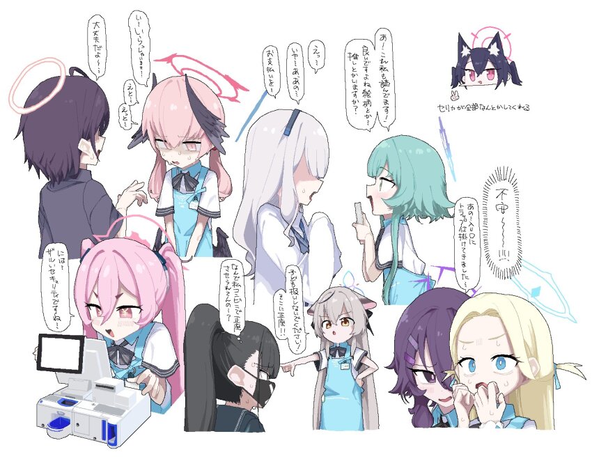 6+girls angel&#039;s_24_uniform_(blue_archive) animal_ears apron black_hair black_shirt black_wings blonde_hair blue_apron blue_archive blue_eyes blue_halo cash_register cat_ears covered_mouth gehenna_student_(blue_archive) green_hair grey_hair hair_between_eyes hair_ornament hairclip halo haruka_(blue_archive) head_wings highres koharu_(blue_archive) kokona_(blue_archive) koyuki_(blue_archive) lab_coat long_hair mask millennium_science_school_student_(blue_archive) millennium_science_school_student_b_(blue_archive) momiji_(blue_archive) mouth_mask multiple_girls nervous_sweating ookii_tsukemono open_mouth pink_eyes pink_hair pink_halo pointing pointing_at_another purple_eyes purple_hair purple_halo red_eyes red_halo serika_(blue_archive) shirt short_sleeves smile sora_(blue_archive) speech_bubble store_clerk sukeban_(smg)_(blue_archive) sweat thought_bubble translation_request twintails white_background white_shirt wings yellow_eyes