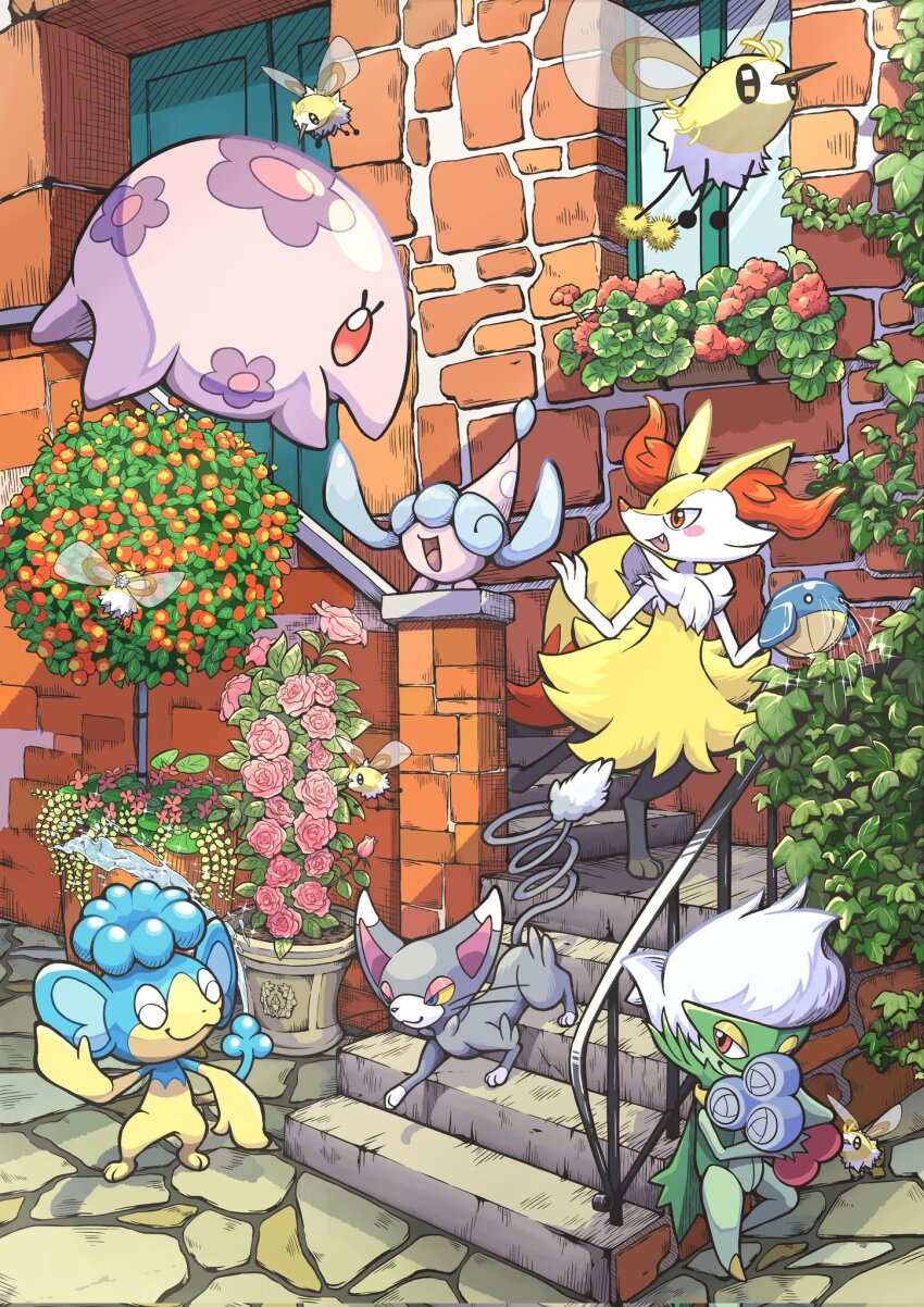 brick_wall cutiefly door flower gen_3_pokemon gen_4_pokemon gen_5_pokemon gen_7_pokemon gen_8_pokemon glameow hatenna highres munna nintendo panpour pokemon pokemon_(creature) q-chan rose roserade stairs wailmer window
