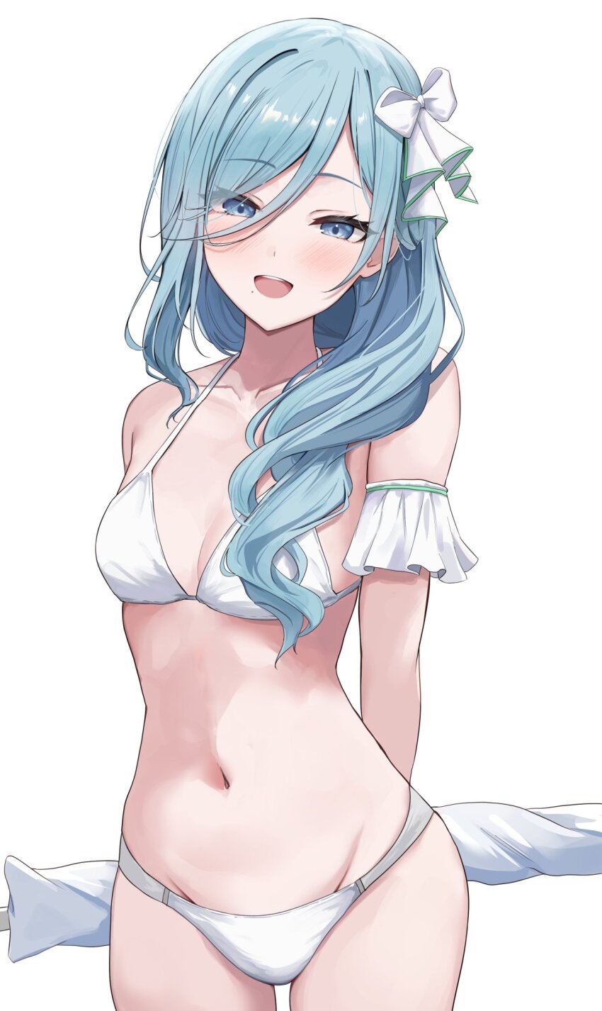 1girl :d arm_cuffs arms_behind_back bare_arms bare_shoulders beach_umbrella bikini blue_eyes blue_hair blush bow breasts cleavage collarbone commentary cowboy_shot groin hair_between_eyes hair_bow hair_ornament hair_over_shoulder highres hinomori_shizuku holding kunizaki long_hair looking_at_viewer medium_breasts mole mole_under_mouth navel open_mouth project_sekai sidelocks simple_background smile solo standing stomach string_bikini swimsuit teeth thighs tongue umbrella upper_teeth_only white_background white_bikini white_bow white_umbrella