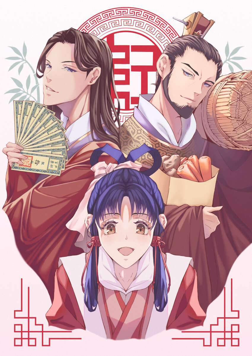 1girl 2boys :d absurdres blue_eyes blue_hair box brown_eyes carrot family hair_ornament hair_rings hair_slicked_back hair_stick highres holding holding_box holding_money kou_kurou kou_reishin kou_shuurei long_hair money multiple_boys open_mouth pink_ribbon potato red_ribbon ribbon saiunkoku_monogatari siki-eterna smile twintails