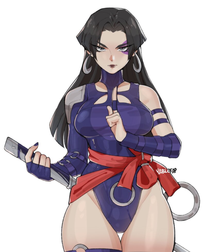 1girl absurdres alohapz armband artist_name black_hair blunt_bangs breasts closed_mouth curvy earrings elbow_gloves gloves grey_eyes highleg highleg_leotard highres holding holding_behind_back holding_sword holding_sword_behind_back holding_weapon holding_weapon_behind_back hoop hoop_earrings jewelry kuji-in large_breasts leotard lipstick long_hair looking_at_viewer makeup marvel marvel_rivals psylocke psylocke_(vengeance) purple_leotard red_sash sash scabbard sheath sheathed shiny_skin signature simple_background skindentation solo standing superhero_costume sword thick_thighs thigh_strap thighs weapon white_background wide_hips x-men