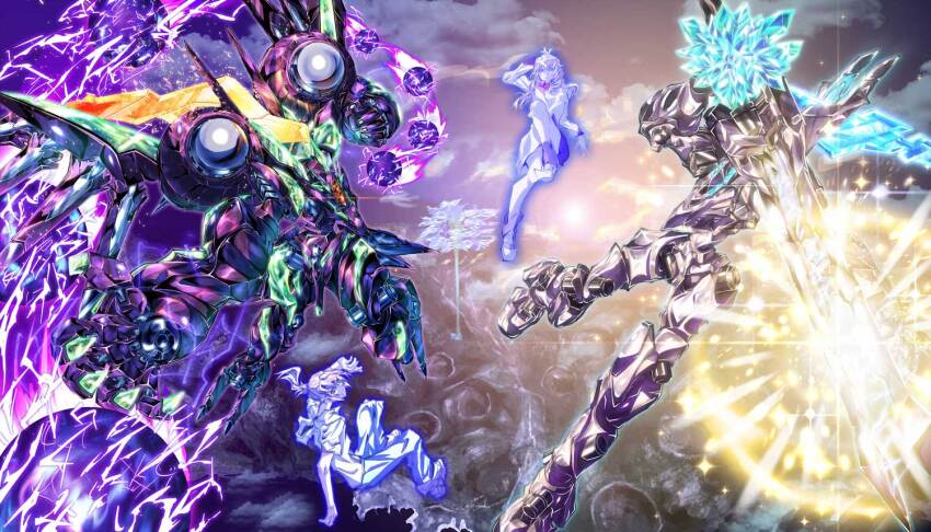 1boy 1girl assault_visor claws crystal energy_ball floating flying glowing glowing_weapon hino_miwa horns lightning mark_nicht mark_sein mecha mechanical_tentacles minashiro_soushi robot science_fiction soukyuu_no_fafner sword uungunover weapon wings