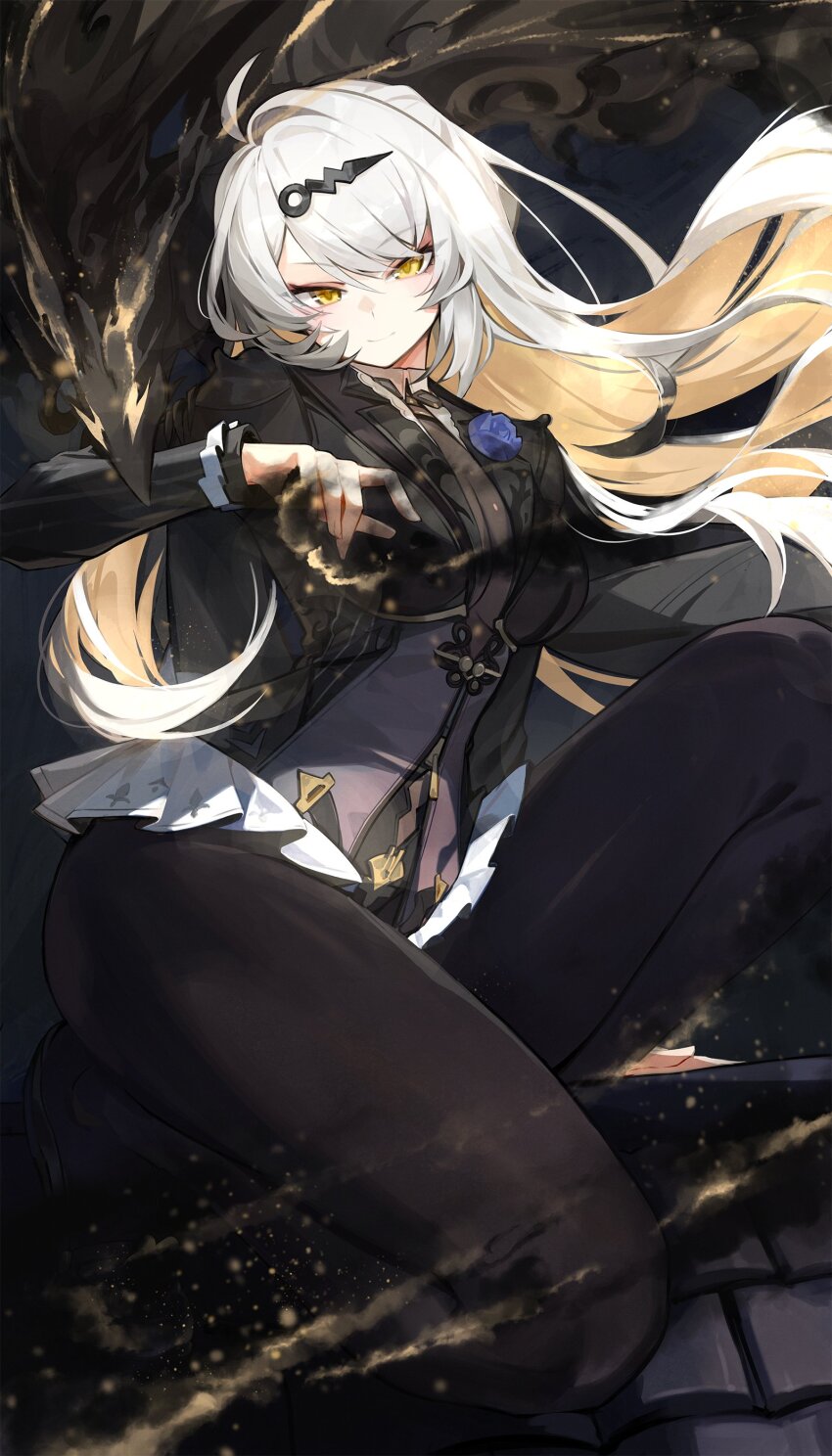 1girl absurdres bird black_background black_bird black_jacket black_pants breasts cleavage colored_inner_hair floating_hair goomrrat hair_ornament hairclip highres jacket large_breasts long_hair looking_at_viewer multicolored_hair official_alternate_costume on_roof pants see-through_cleavage see-through_clothes smile solo white_hair yellow_eyes yixuan_(trails_of_ink)_(zenless_zone_zero) yixuan_(zenless_zone_zero) zenless_zone_zero