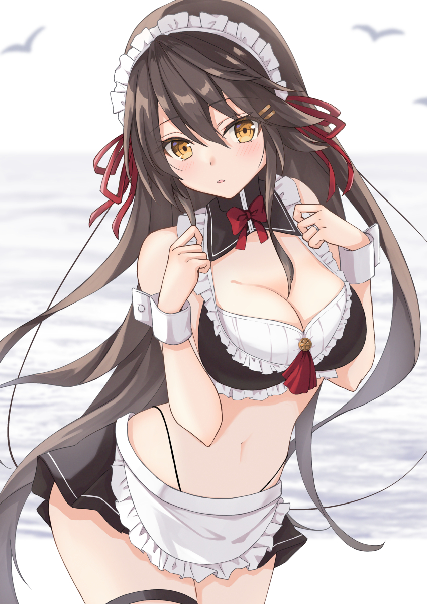 1girl absurdres alternate_costume bikini black_bikini black_hair black_skirt breasts brown_eyes cleavage commission cowboy_shot enmaided frilled_bikini frills gensoukitan hair_ribbon haruna_(kancolle) highres kantai_collection long_hair maid maid_bikini maid_headdress ribbon skeb_commission skirt solo swimsuit unconventional_maid wrist_cuffs
